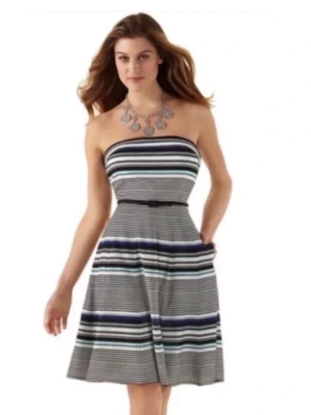 White House Black Market Strapless Blue Striped Dress Size 6